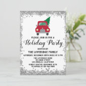 Red Truck Xmas Tree Weihnachtsfeier Silber Einladung (Stehend Vorderseite)