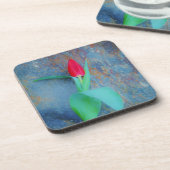 Red Tulip auf Blue Gray Slate Getränkeuntersetzer (Linke Seite)