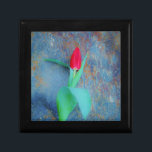 Red Tulip auf Blue Gray Slate Schmuckschachtel<br><div class="desc">Frühlingsblumen. Single Stem von einem Ruby Red Tulip gegen einen schönen Stein Hintergrund. Foto von Sandy Closs.</div>