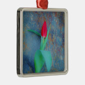 Red Tulip auf Blue Gray Slate Silbernes Ornament (Rechts)