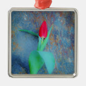 Red Tulip auf Blue Gray Slate Silbernes Ornament (Vorne)