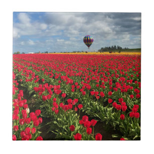 Red Tulip Field mit Hot Air Ballon Fliese
