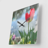 Red Tulip Wall Clock Quadratische Wanduhr (Winkel)