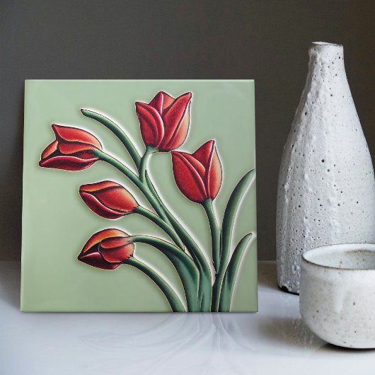 Red Tulip Wall Deco, Jugendstil Art Deco Keramik Fliese