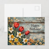 Red Tulips and Daffofils on Blue Wood Postkarte (Vorne/Hinten)