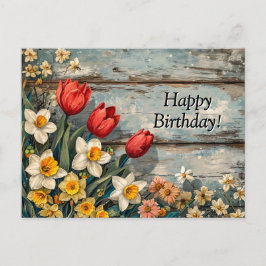 Red Tulips and Daffofils on Blue Wood Postkarte