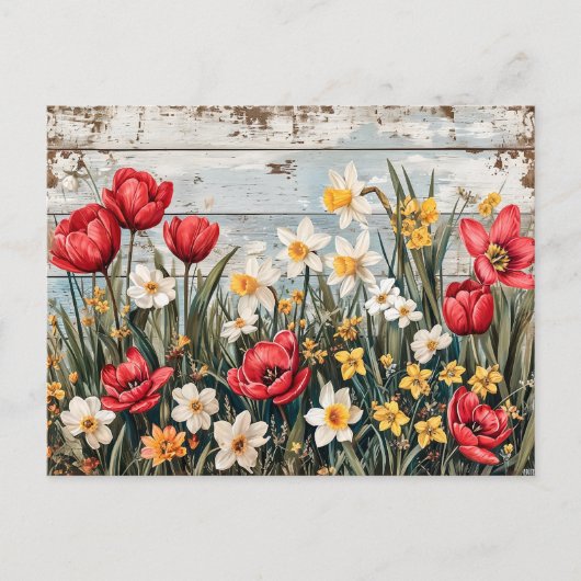 Red Tulips and Daffofils on Blue Wood Postkarte (Vorderseite)