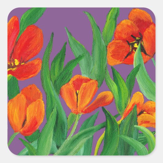Red Tulips auf Lila Quadratischer Aufkleber (Vorderseite)