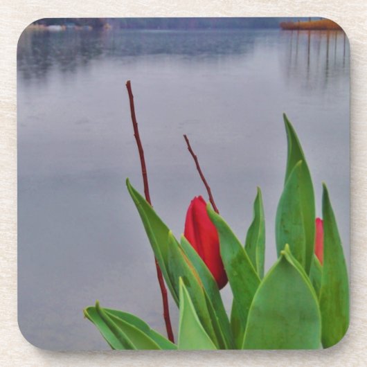 Red Tulips Blue Lake Arrowhead Wasser Getränkeuntersetzer (Vorderseite)