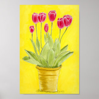 Red tulips in a pot poster