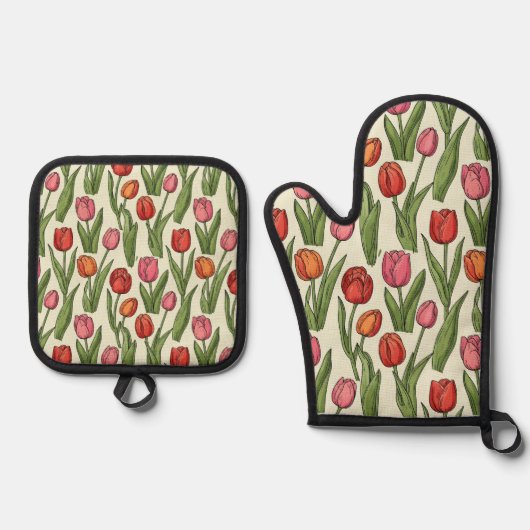 Red Tulips Oven Mitts & Pot Holder Ofenhandschuh & Topflappen-Set (Vorderseite)