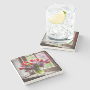 Red Tulips und Lilac Bouquet Steinuntersetzer