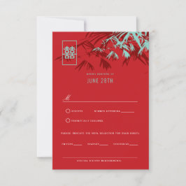 Red & Turquoise Bamboo Blätter Chinesischer Hochze RSVP Karte