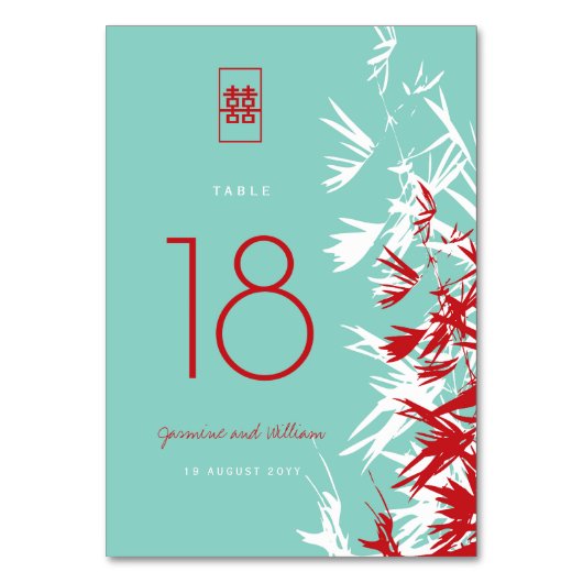 Red & Turquoise Bamboo Blätter Shuang Xi Wedding Tischnummer (Vorderseite)
