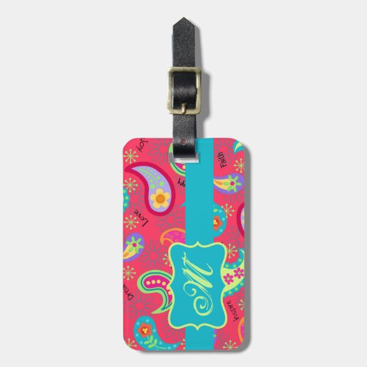 Red Turquoise Modern Paisley Pattern Monogram Gepäckanhänger (Vorderseite vertikal)