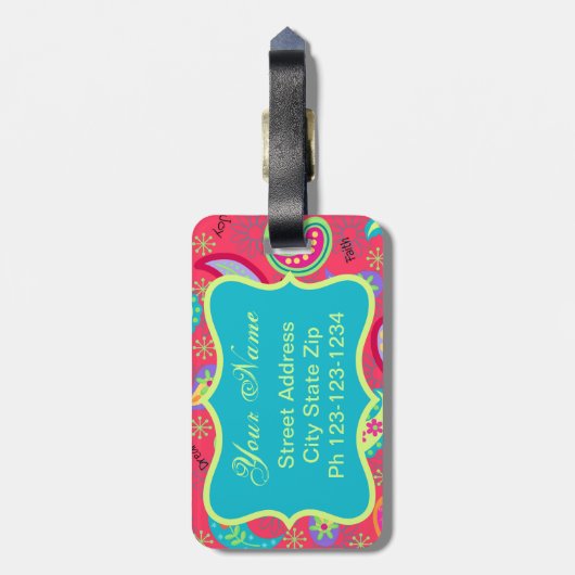 Red Turquoise Modern Paisley Pattern Monogram Gepäckanhänger (Rückseite vertikal)