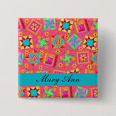Red Turquoise Patchwork Quilt Name Abzeichen Button (Vorderseite)