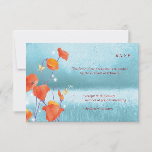Red & Turquoise Poppy Floral Wedding RSVP Karte (Vorderseite)