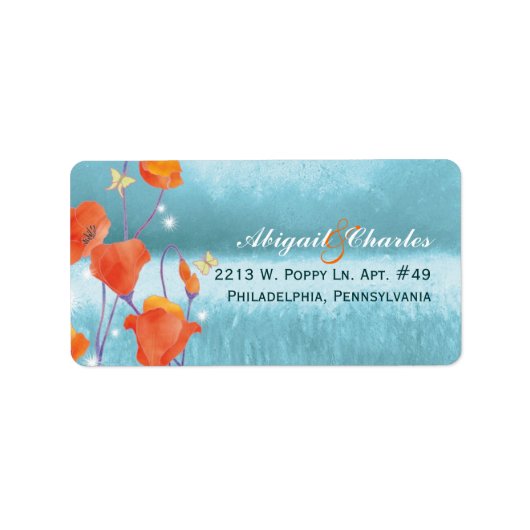 Red Turquoise Poppy Wedding Address Adressaufkleber (Vorne)
