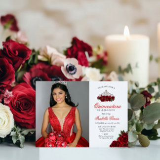 Red Two Foto Floral Quinceanera Einladung