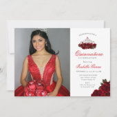 Red Two Foto Floral Quinceanera Einladung (Vorderseite)