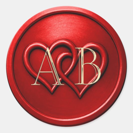 Red Two Hearts Intertwined Monogram Wedding Runder Aufkleber (Vorderseite)