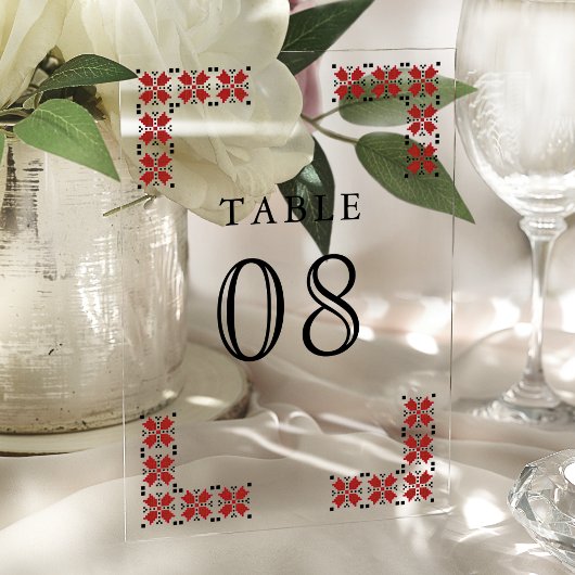 Red Ukrainian Wedding Acrylic Table Number Acryleinladungen