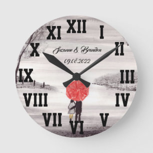 Red umbrella Love Couple Roman Numbers Wedding Runde Wanduhr