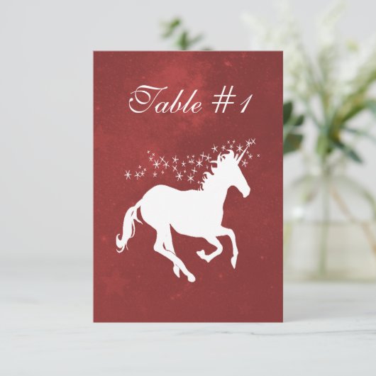 Red Unicorn Wedding Reception Table Card Einladung (Stehend Vorderseite)