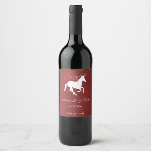 Red Unicorn Wedding Wine Label Weinetikett (Vorderseite)
