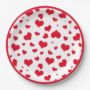 Red Valentine Hearts Random Scattered Muster Pappteller