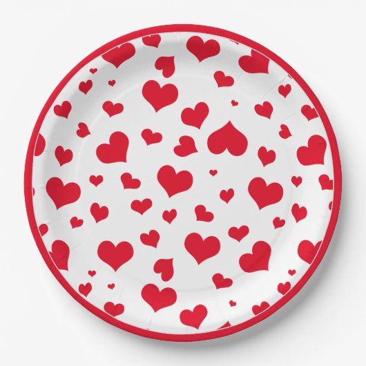 Red Valentine Hearts Random Scattered Muster Pappteller (Vorderseite)