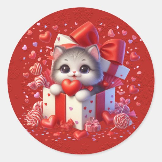 Red Valentine Kitten in einer Box Herz Band Runder Aufkleber (Vorderseite)