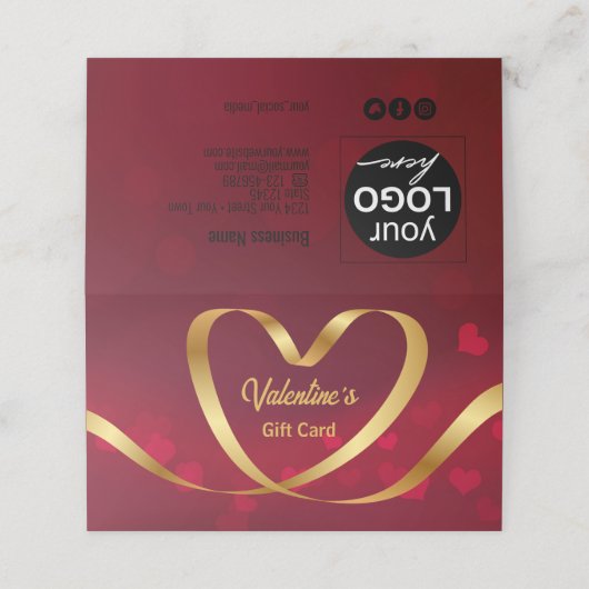 Red Valentine's Day Gold Herz Band Geschenkkarte Platzkarte (Außenseite Aufgefaltet)