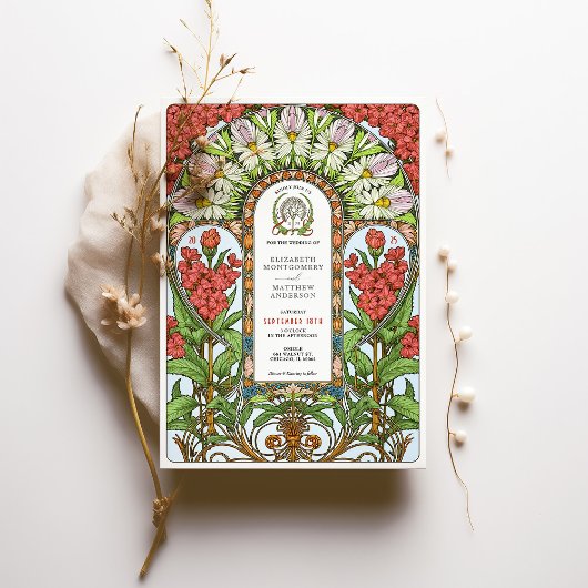 Red Valerian & White Daisy Art Nouveau Wedding Einladung