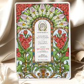 Red Valerian & White Daisy Art Nouveau Wedding Einladung