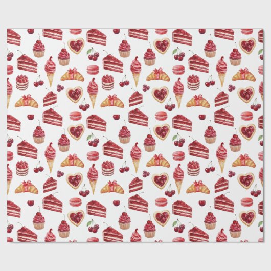 Red Velvet & Cherry Dessert Pattern Watercolor  Geschenkpapier (Flach)