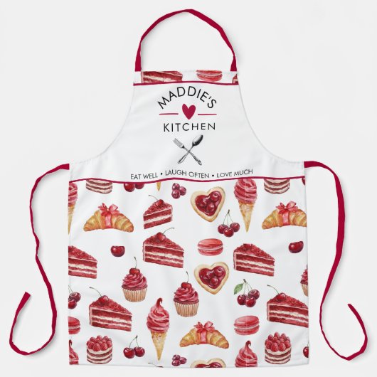 Red Velvet & Cherry Dessert Pattern Watercolor Schürze (Vorderseite)