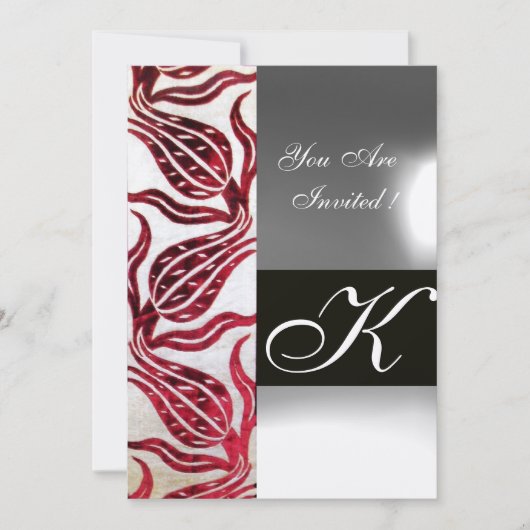 RED VELVET DAMASK TULIPS MONOGRAM Burgund Gold Einladung (Vorderseite)