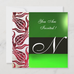 RED VELVET DAMASK TULIPS MONOGRAM Burgund Green Einladung
