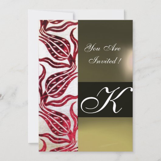 RED VELVET DAMASK TULIPS MONOGRAM Burgund White Einladung (Vorderseite)