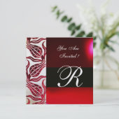 RED VELVET DAMASK TULIPS MONOGRAM Burgund White Einladung (Stehend Vorderseite)