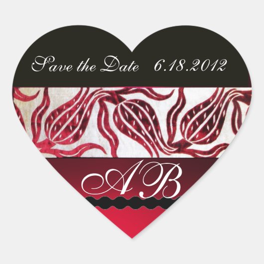 RED VELVET DAMASK TULIPS MONOGRAM Burgund White Herz-Aufkleber (Vorderseite)