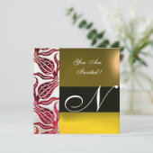 RED VELVET DAMASK TULIPS MONOGRAM Burgund Yellow Einladung (Stehend Vorderseite)