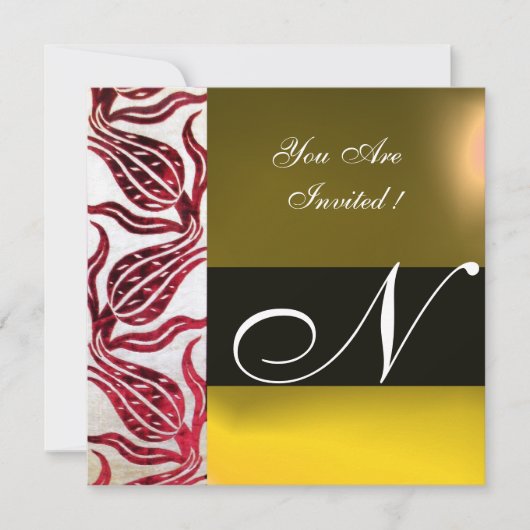 RED VELVET DAMASK TULIPS MONOGRAM Burgund Yellow Einladung (Vorderseite)