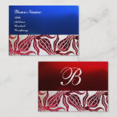 RED VELVET DAMASK TULIPS MONOGRAM Burgundy Blue Visitenkarte (Vorne/Hinten)