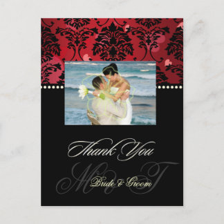 Red Velvet + Hearts Damask Wedding Foto Vielen Dan Postkarte