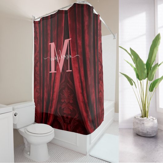 Red Velvet Pink Monogram Modern Script Wedding Duschvorhang