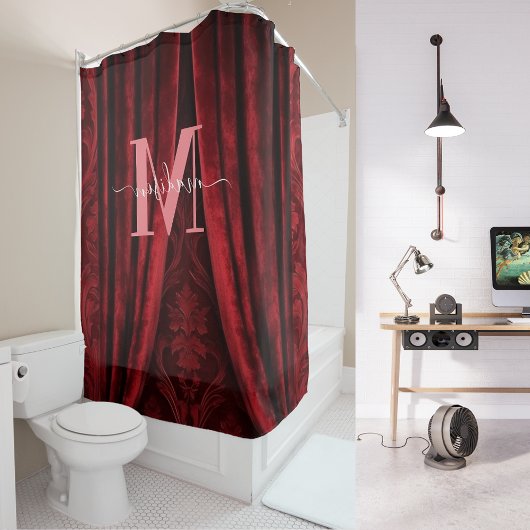 Red Velvet Pink Monogram Modern Script Wedding Duschvorhang