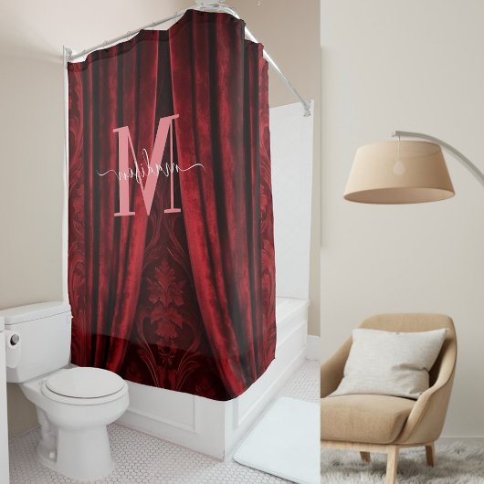 Red Velvet Pink Monogram Modern Script Wedding Duschvorhang